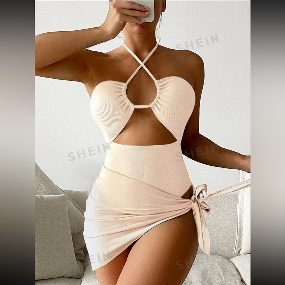 Cut-out Halter One Piece Swimsuit With Beach Skirt